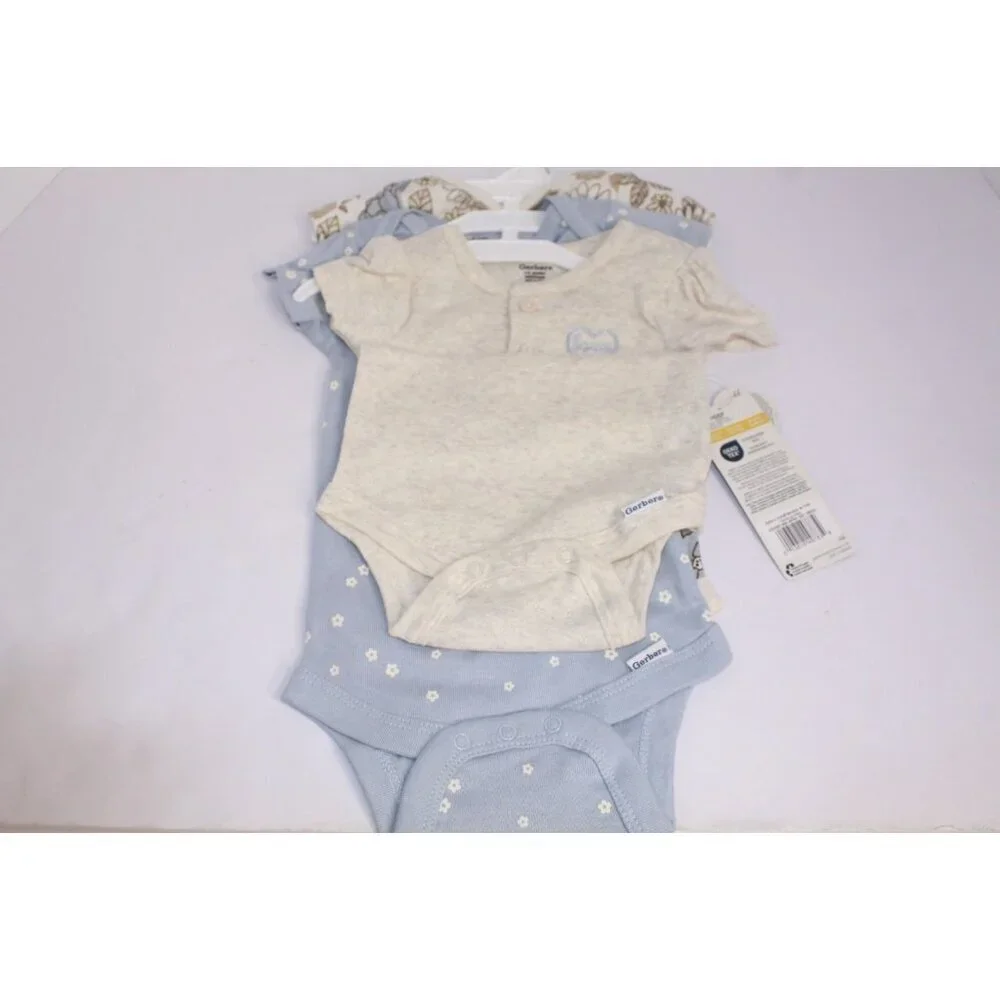 Gerber Onesies 3 Pack Girls 3-6 months Cream Brown Blue Buttons Short Sleeve NWT